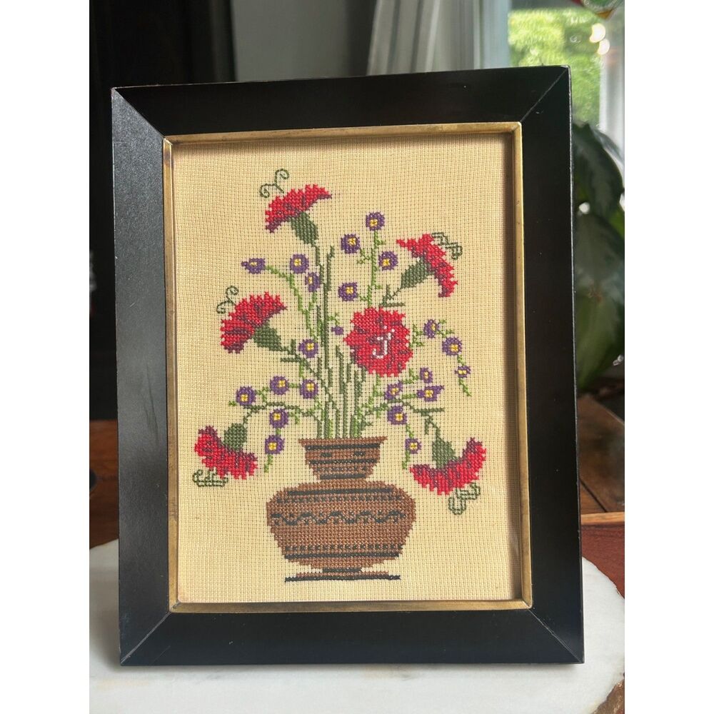Vintage 1970s Floral Needlepoint Framed Art, Retro Carnations Textile Art